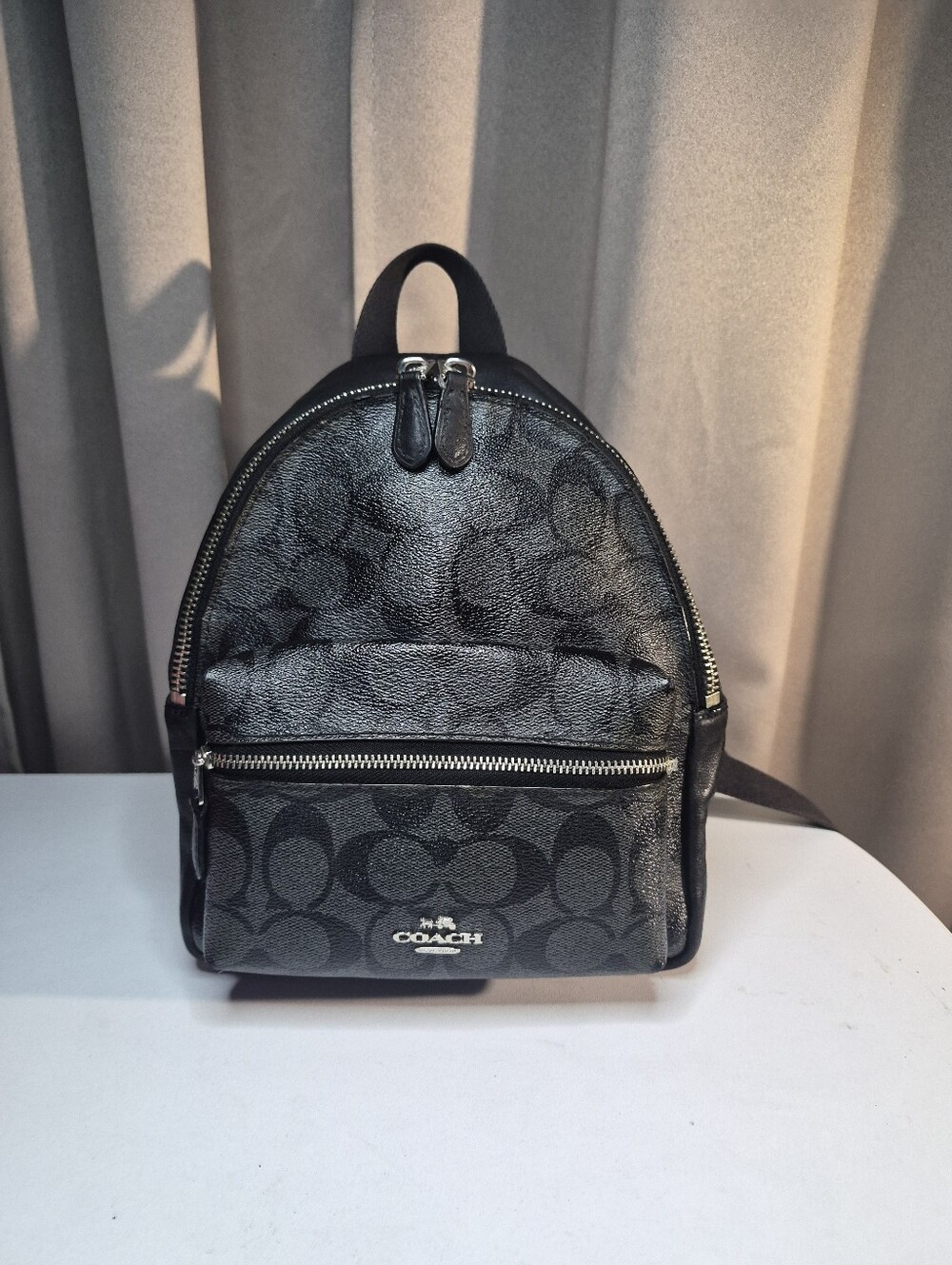 Coach Black Signature Mini Charlie Backpack with Silver Hardware